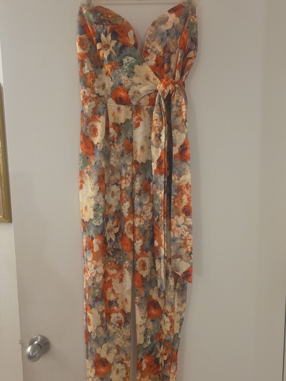 Floral Strapless Tie-Waist Jumpsuit in Orange and Cream